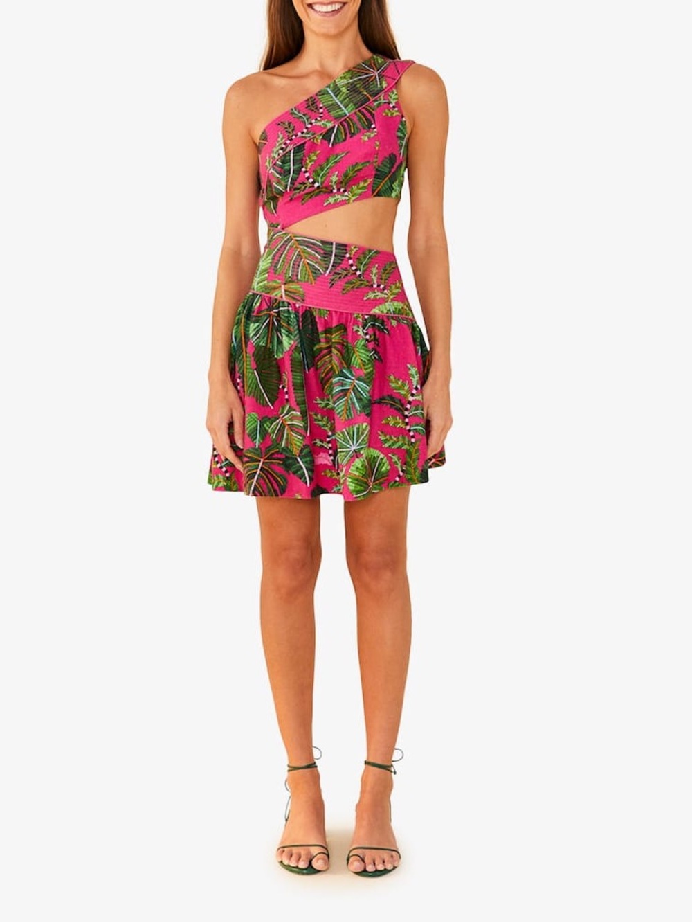 NWT FARM RIO Pink Leaves One Shoulder Mini Dress